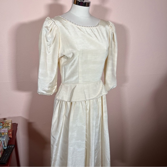 Vintage 80 90 Lanz Cream White Satin Puff sleeve Peplum Victorian Dress wedding - Picture 17 of 17